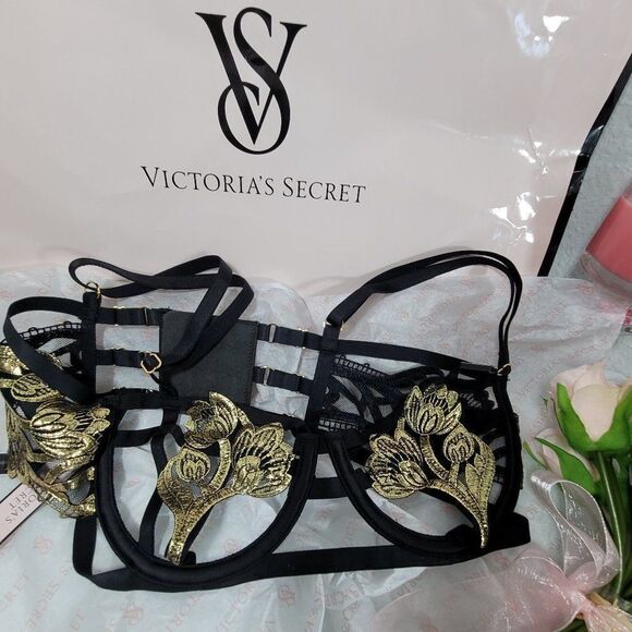 1423 VICTORIA'S SECRET BLACK GOLD Strappy Embroidered Open Cup Balconett… - Picture 5 of 11